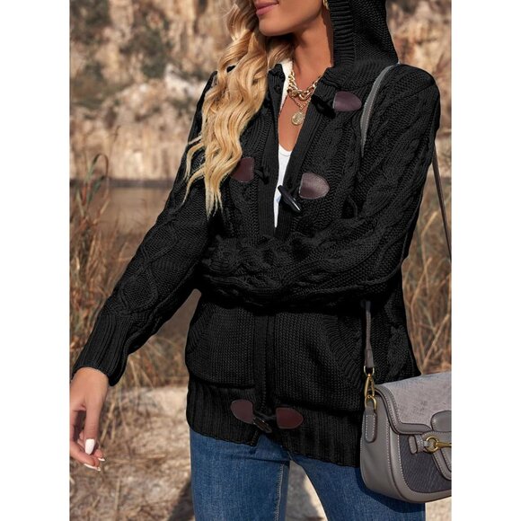 Women's Hooded Cable Knit Cardigans Winter Coat with Pockets Plus Size - Picture 3 of 6